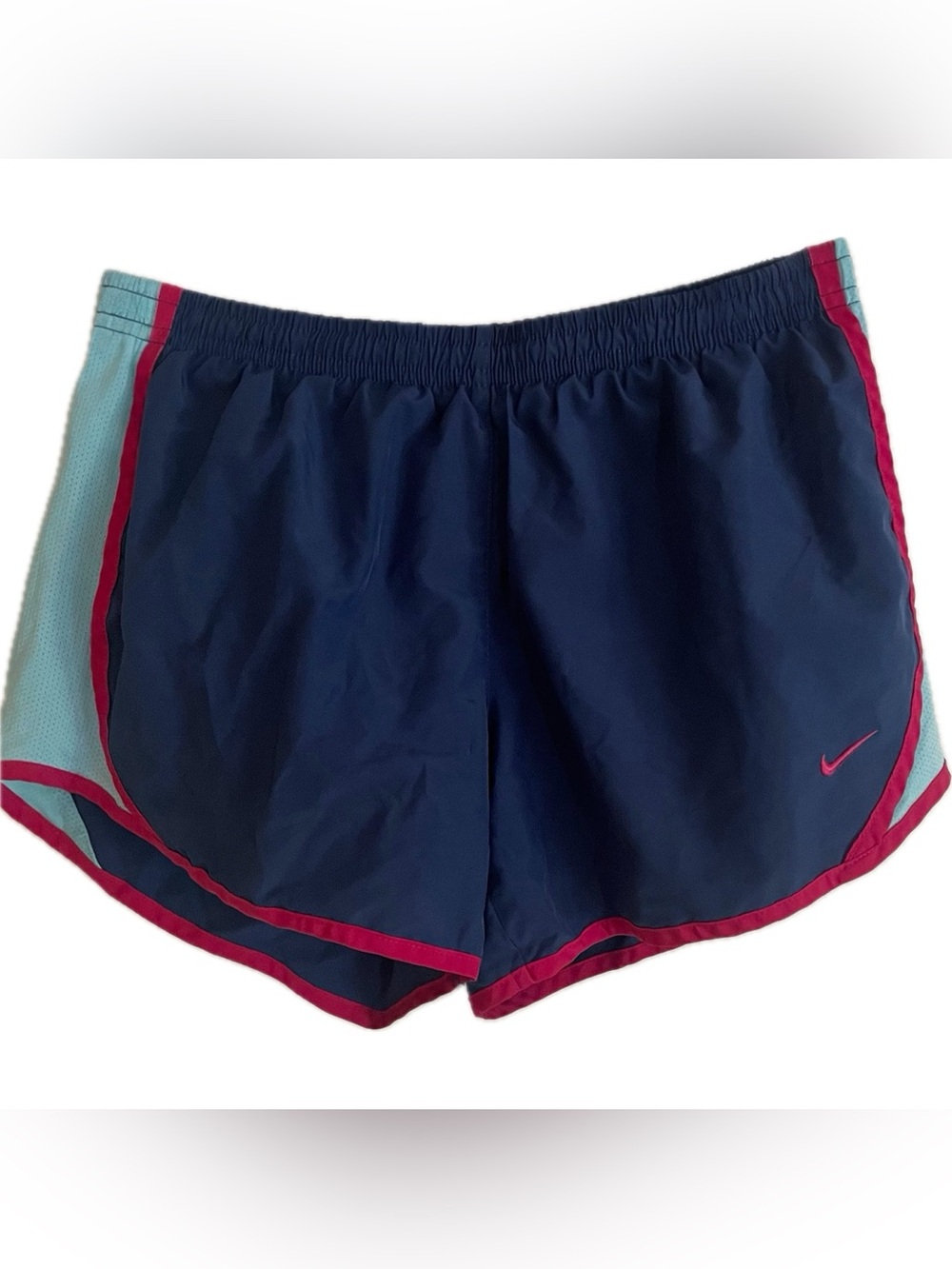 Nike Navy Athletic Shorts with Pink Trim and Light Teal Panels